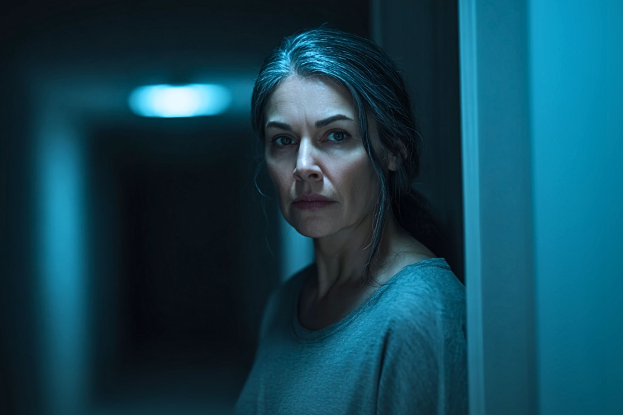 A woman with gray hair stands in a dimly lit hallway, leaning against a wall and looking forward with a serious expression. Blue light creates a somber, tense atmosphere.