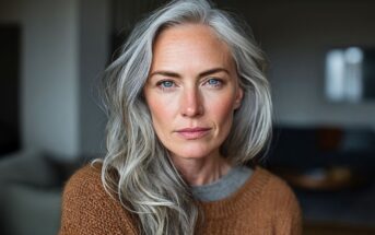 A woman with long gray hair and blue eyes wears a brown sweater, gazing directly at the camera with a calm, confident expression. The background is softly blurred.