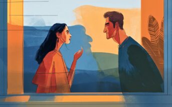 Illustration of a woman and a man facing each other and talking by a window, with warm yellow and blue tones and abstract background shapes suggesting an indoor-outdoor setting.