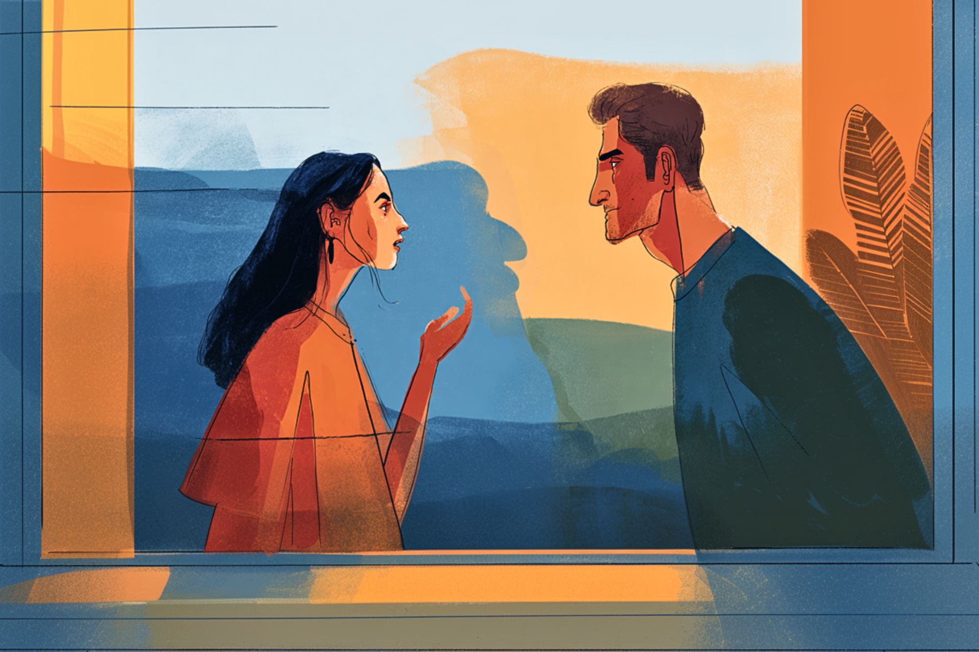 Illustration of a woman and a man facing each other and talking by a window, with warm yellow and blue tones and abstract background shapes suggesting an indoor-outdoor setting.