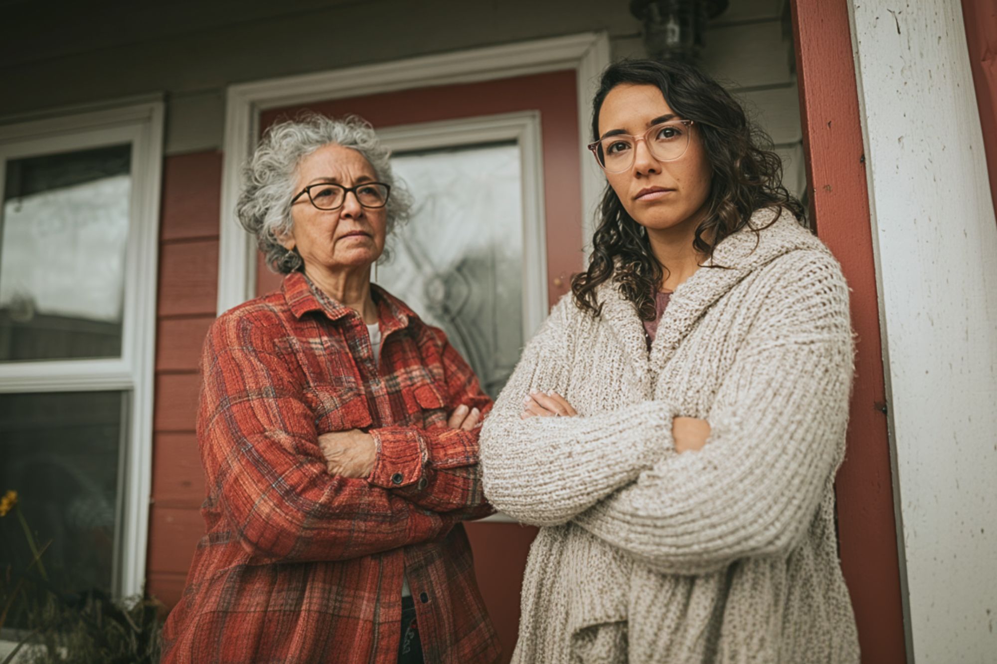 Two women with serious expressions stand outside a house with red siding and glass doors, both wearing glasses and warm clothing, with their arms crossed and looking directly at the camera.