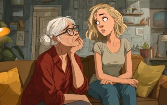 An older woman with white hair and glasses sits on a couch looking thoughtful, while a younger blonde woman beside her appears to be talking, both in a cozy living room with warm lighting and wall art.