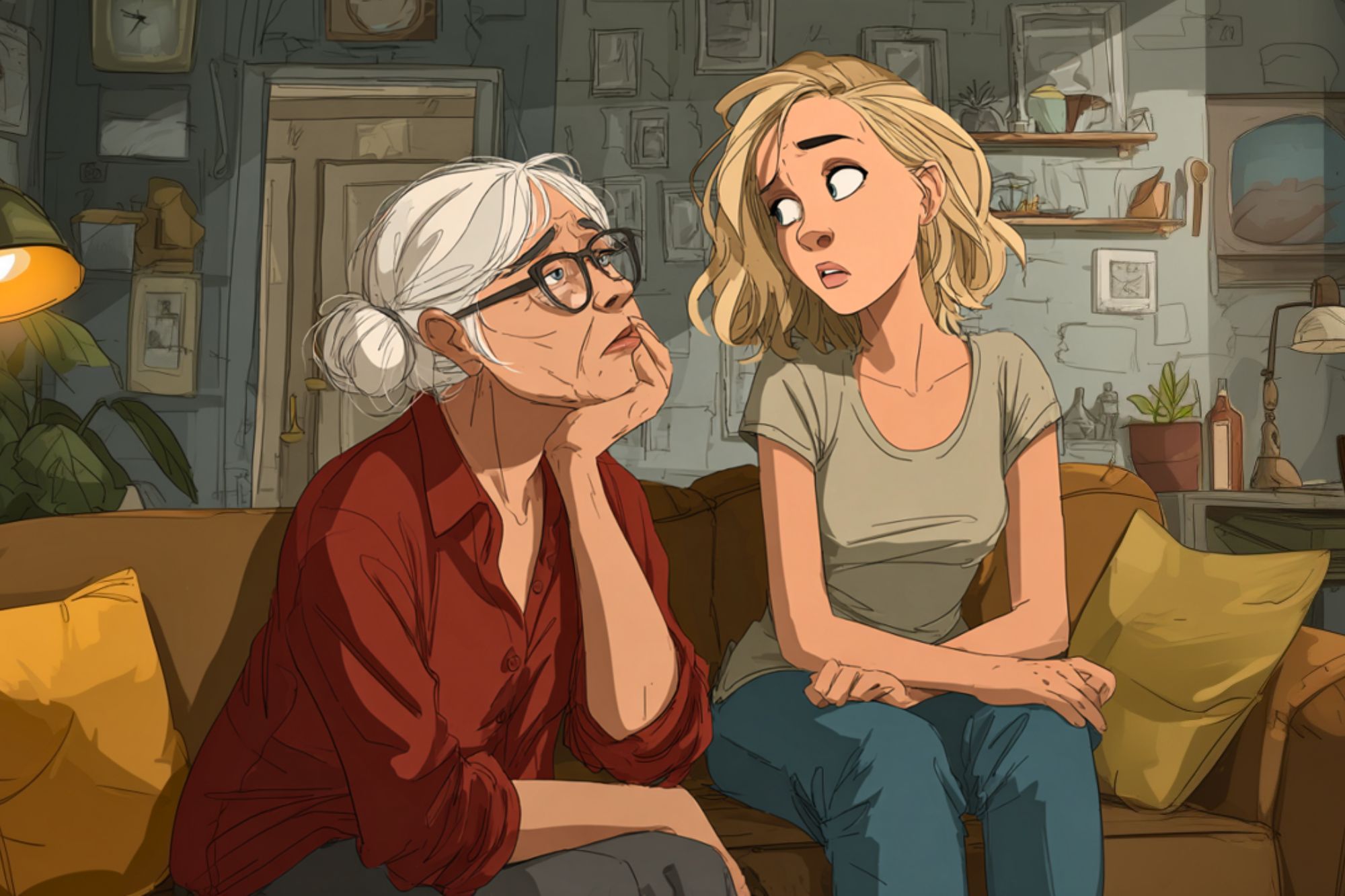 An older woman with white hair and glasses sits on a couch looking thoughtful, while a younger blonde woman beside her appears to be talking, both in a cozy living room with warm lighting and wall art.