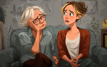 An elderly woman with gray hair and glasses looks worried while sitting on a couch next to a young woman with light brown hair, who appears concerned and is talking to her. Both are in a warmly lit living room.