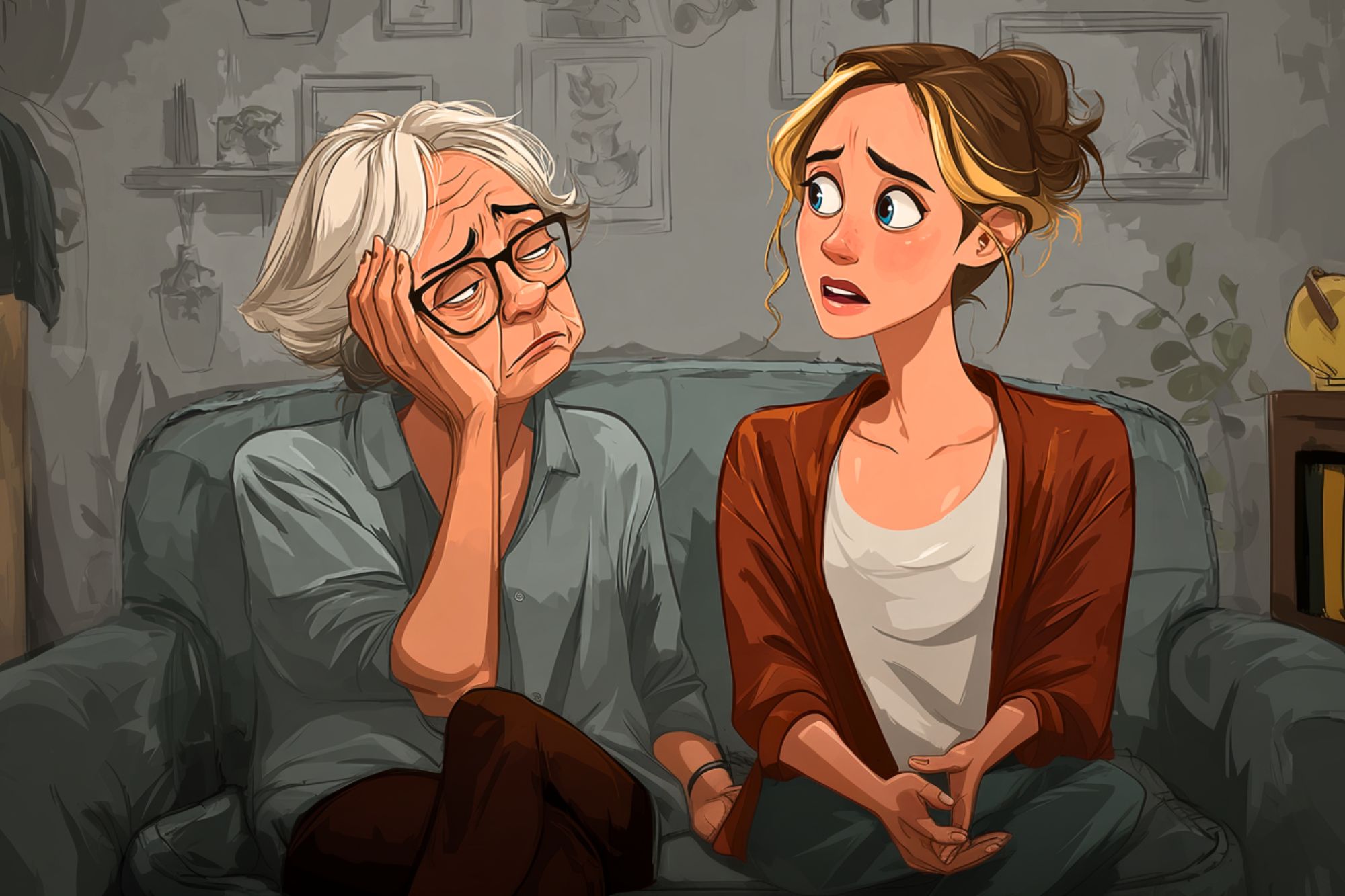 An elderly woman with gray hair and glasses looks worried while sitting on a couch next to a young woman with light brown hair, who appears concerned and is talking to her. Both are in a warmly lit living room.