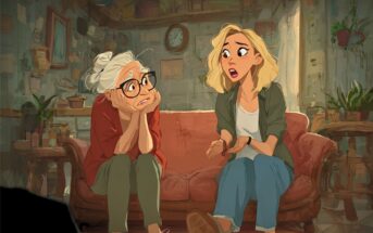 An older woman with white hair and glasses and a younger blonde woman sit on a couch in a cluttered room. The older woman looks bored or tired, while the younger woman gestures as she talks animatedly.