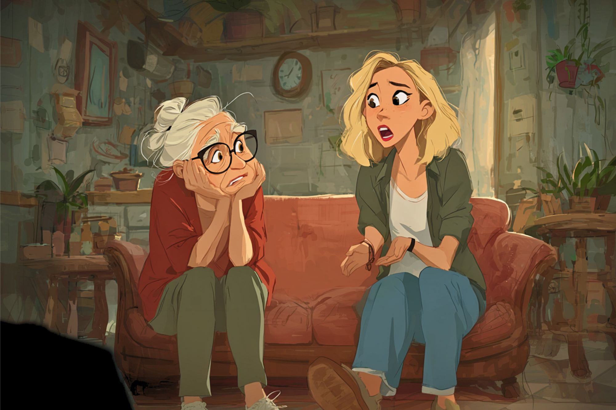 An older woman with white hair and glasses and a younger blonde woman sit on a couch in a cluttered room. The older woman looks bored or tired, while the younger woman gestures as she talks animatedly.
