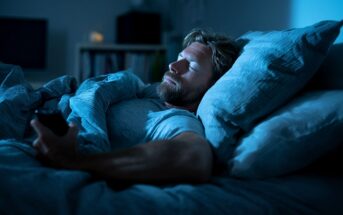 A man lies in bed at night under blue light, holding a remote control and appearing relaxed with his eyes closed, suggesting he may have fallen asleep while watching TV.