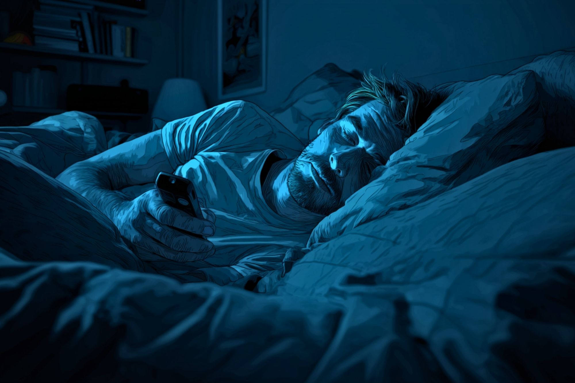 A man lies in bed at night, illuminated by blue light, holding a phone in one hand while resting his head on a pillow with eyes closed, appearing to have fallen asleep while using his phone.