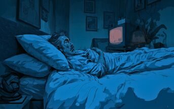 A man lies awake in bed at night, illuminated by the blue glow of a bedside lamp. He looks anxious as he stares at a small TV across the room displaying static. The room is cluttered with framed pictures on the walls.