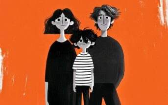 A stylized illustration of a family of three—a woman, a man, and a young child in a striped shirt—standing together against a bright orange background.