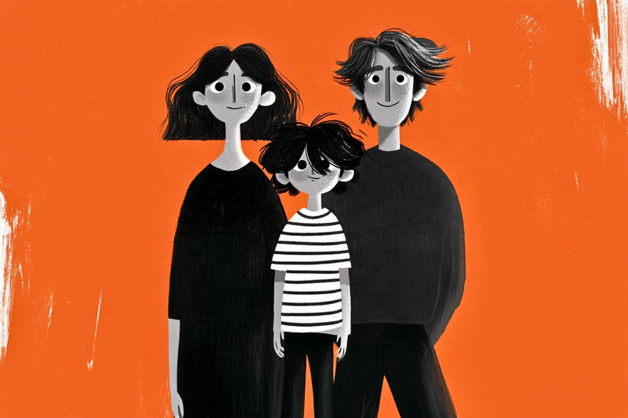 A stylized illustration of a family of three—a woman, a man, and a young child in a striped shirt—standing together against a bright orange background.