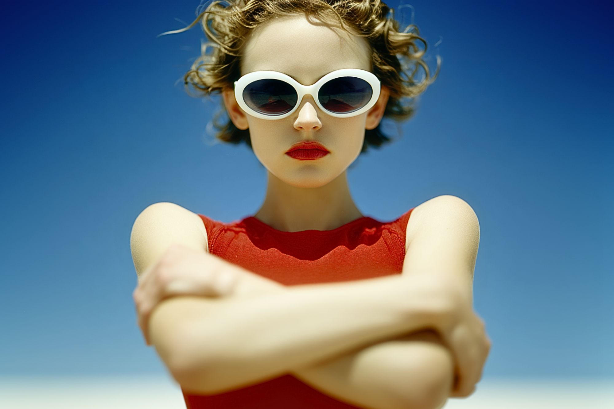 A woman wearing white sunglasses and a red sleeveless top stands with her arms crossed, looking confidently at the camera against a clear blue sky. Her curly hair is windswept and she wears bright red lipstick.