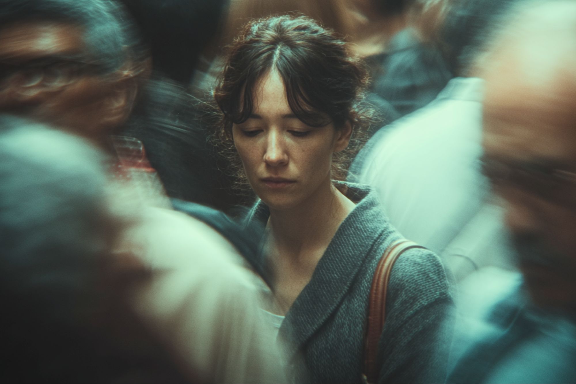 A woman with dark hair and a gray coat stands still with her eyes downcast, surrounded by a blurred, bustling crowd. She appears thoughtful or sad amidst the motion around her.