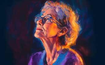 A digital painting of an older woman with glasses and short, curly hair, gazing upward with a thoughtful expression. Warm and cool light highlights her face and hair against a dark, abstract background.