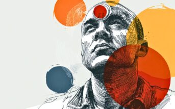 A sketch of a man looking upward, overlaid with transparent, colorful circles in orange, red, and blue, with an emphasis on a red circle at his forehead, creating a thoughtful and abstract atmosphere.