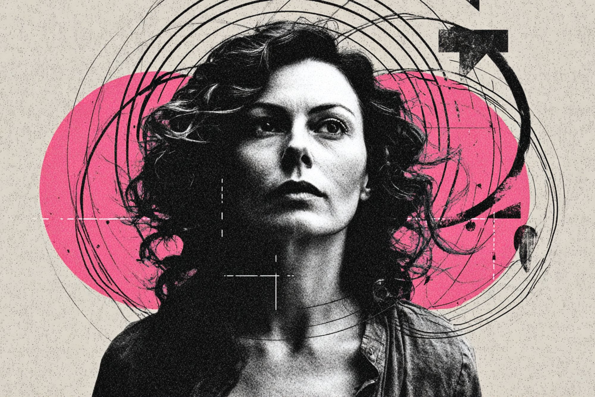 A woman with wavy hair looks upward, surrounded by abstract black lines and shapes, with a bold pink oval in the background. The image has a textured, artistic, and somewhat surreal style.