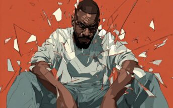 A serious man sits with his knees up, surrounded by shards of broken glass, against a bold orange background. The glass fragments emphasize intensity and emotion on his face.