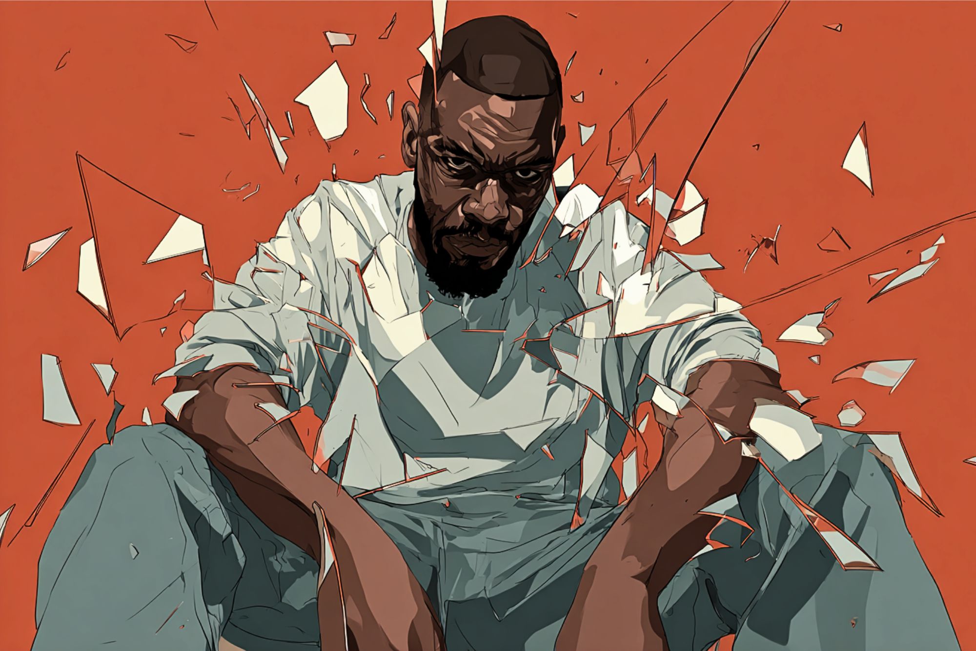 A serious man sits with his knees up, surrounded by shards of broken glass, against a bold orange background. The glass fragments emphasize intensity and emotion on his face.