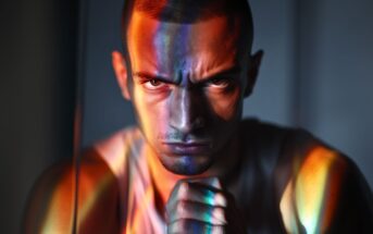A man with a serious expression stares intensely at the camera, his chin resting on his fist. Colorful light patterns are cast across his face and arms, creating a dramatic and striking effect.