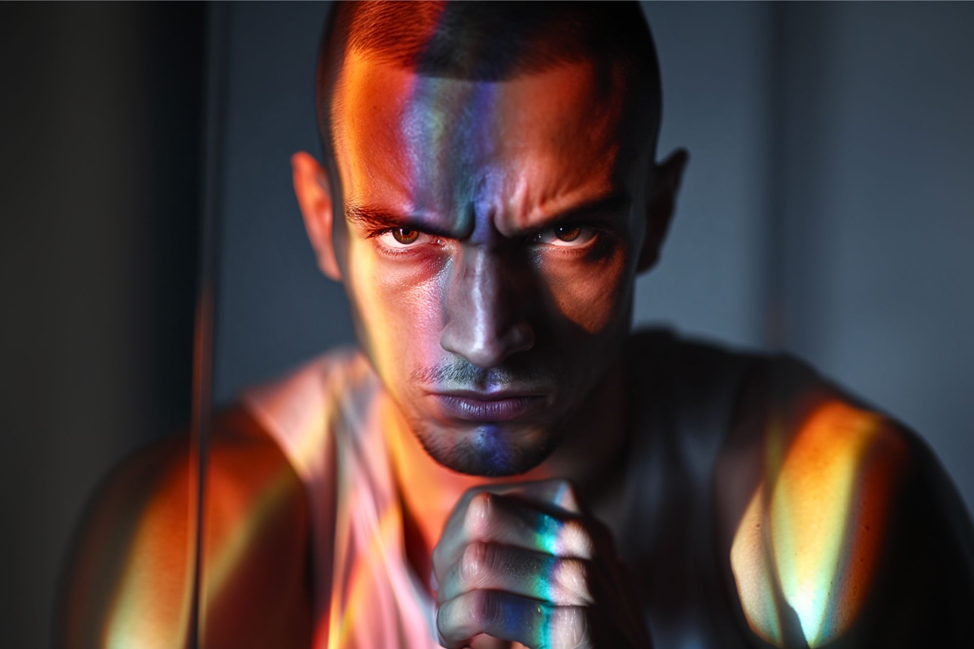 A man with a serious expression stares intensely at the camera, his chin resting on his fist. Colorful light patterns are cast across his face and arms, creating a dramatic and striking effect.