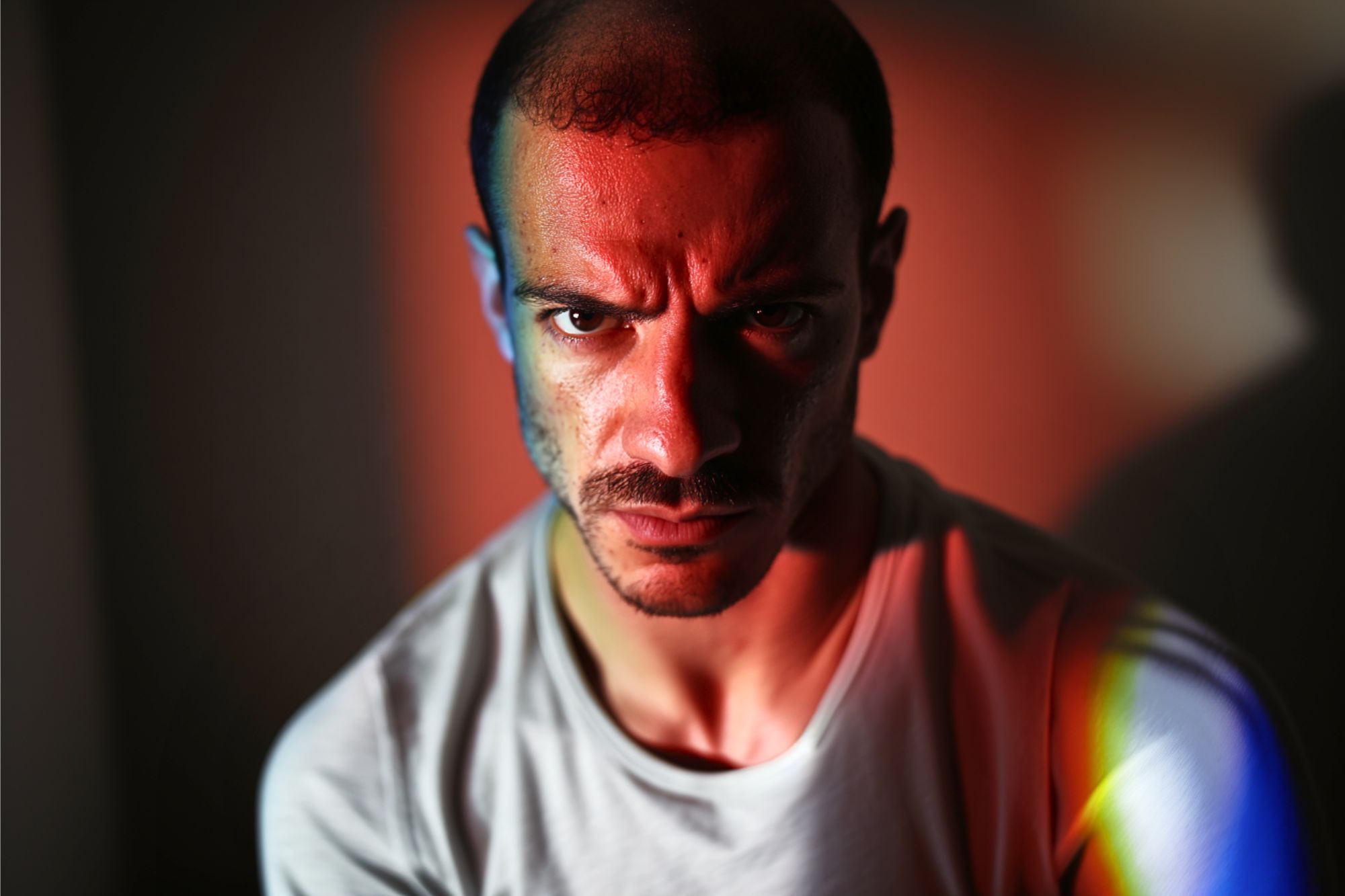 A man with a serious expression is lit by dramatic red and blue lighting, casting strong shadows across his face. He wears a light-colored shirt and looks directly at the camera.