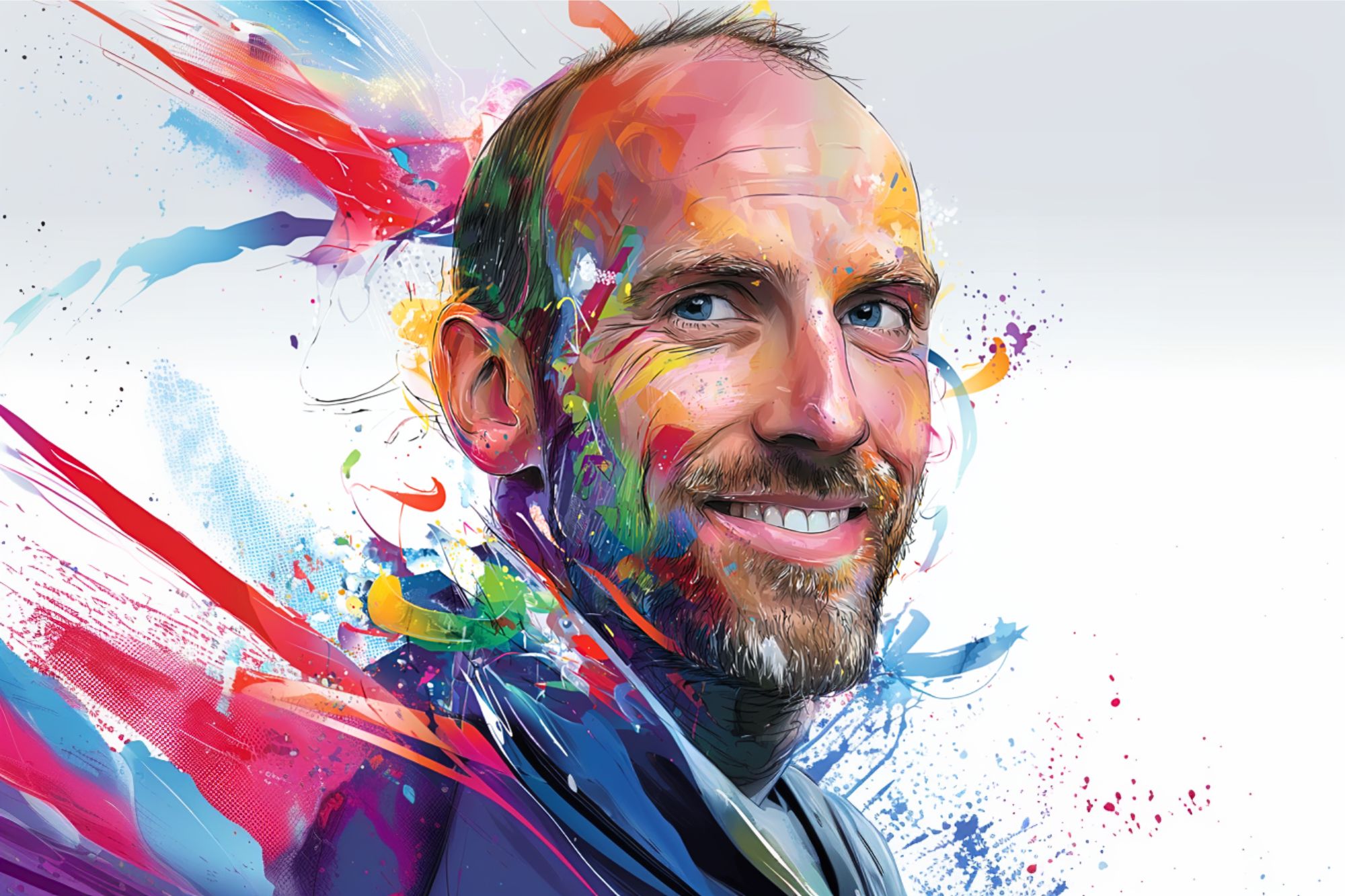 A smiling man with a beard, depicted in a colorful, abstract digital painting with vibrant paint splashes and brush strokes surrounding his face and shoulders on a light background.