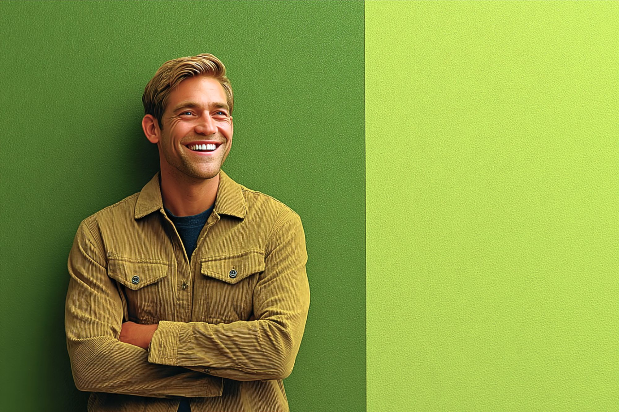 A smiling man with blond hair, wearing a tan jacket, stands with arms crossed against a two-tone green wall, with a darker green on the left and a lighter green on the right.