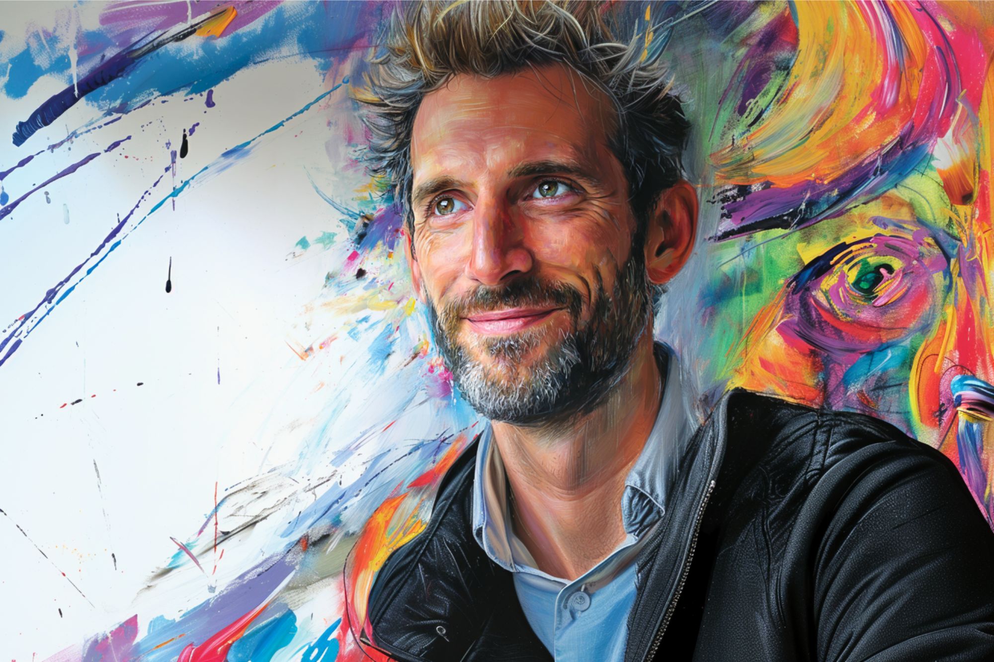 A smiling man with gray hair and a beard, wearing a black jacket, is posed against a colorful, abstract painted background with vibrant brushstrokes and a partial face in the artwork.