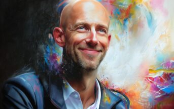 A bald man with a beard, wearing a suit and smiling, is set against a vibrant, colorful abstract background with swirling brushstrokes.