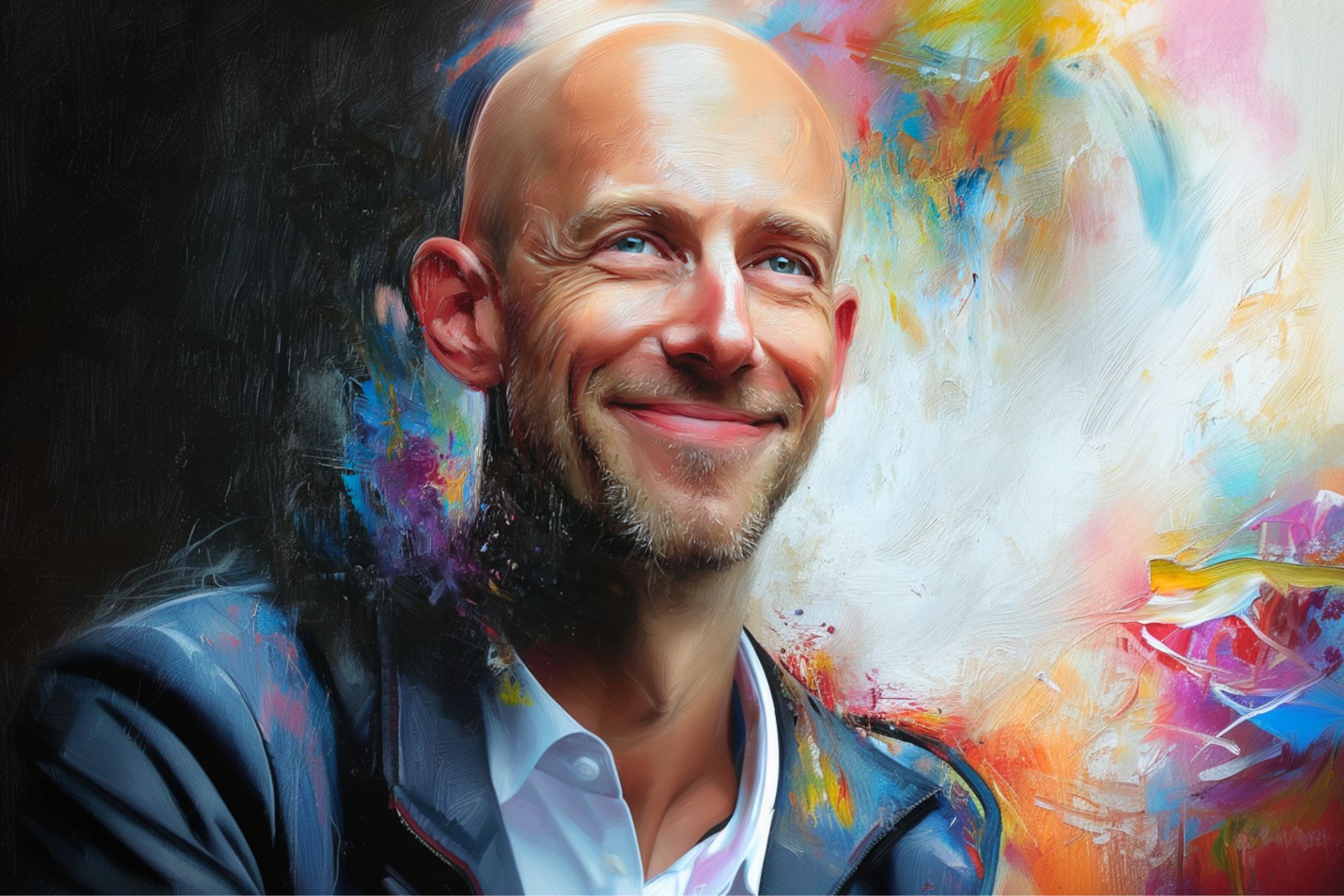 A bald man with a beard, wearing a suit and smiling, is set against a vibrant, colorful abstract background with swirling brushstrokes.