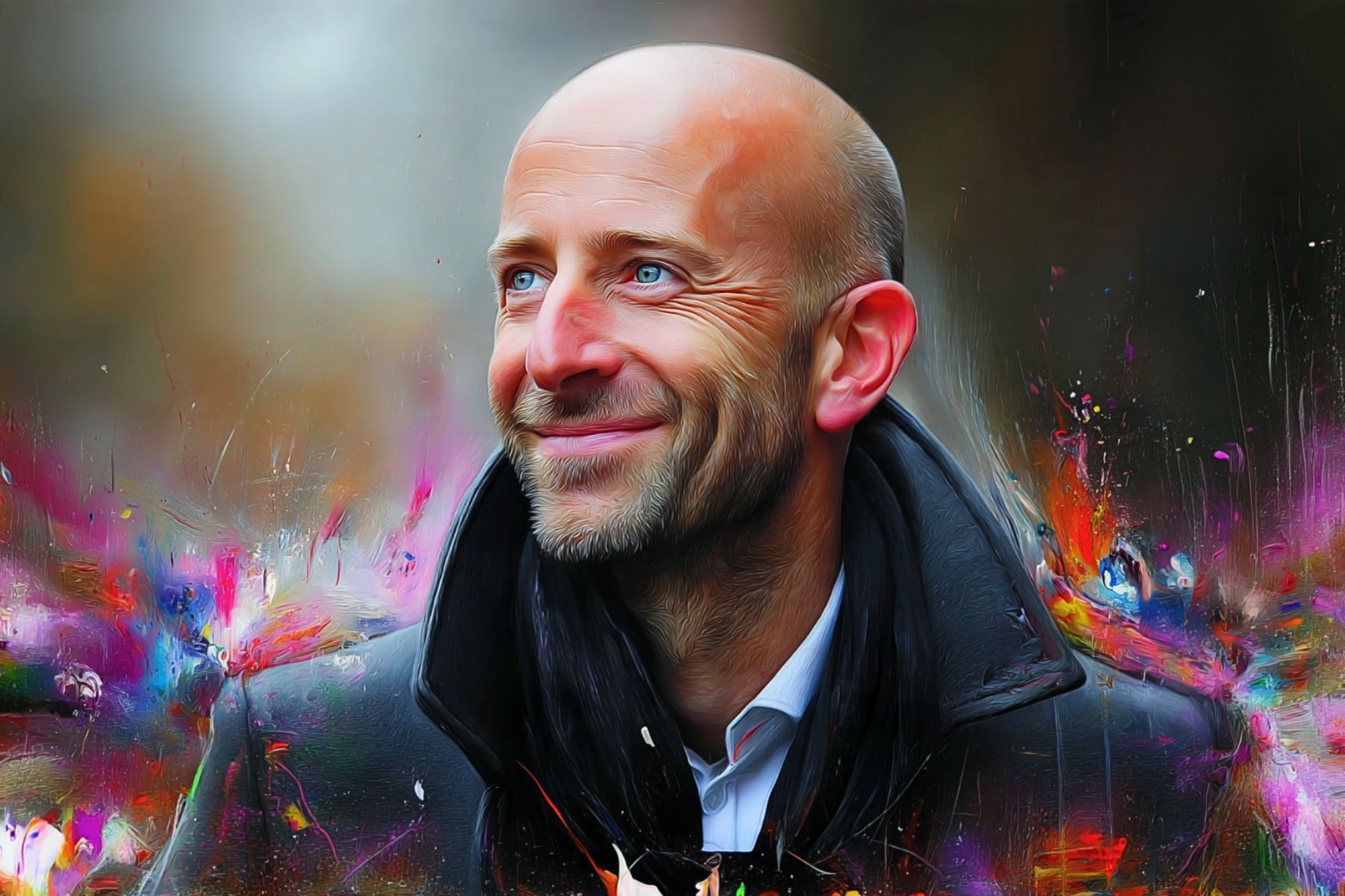 Portrait of a smiling bald man with a beard, wearing a coat and scarf against an abstract, colorful background.