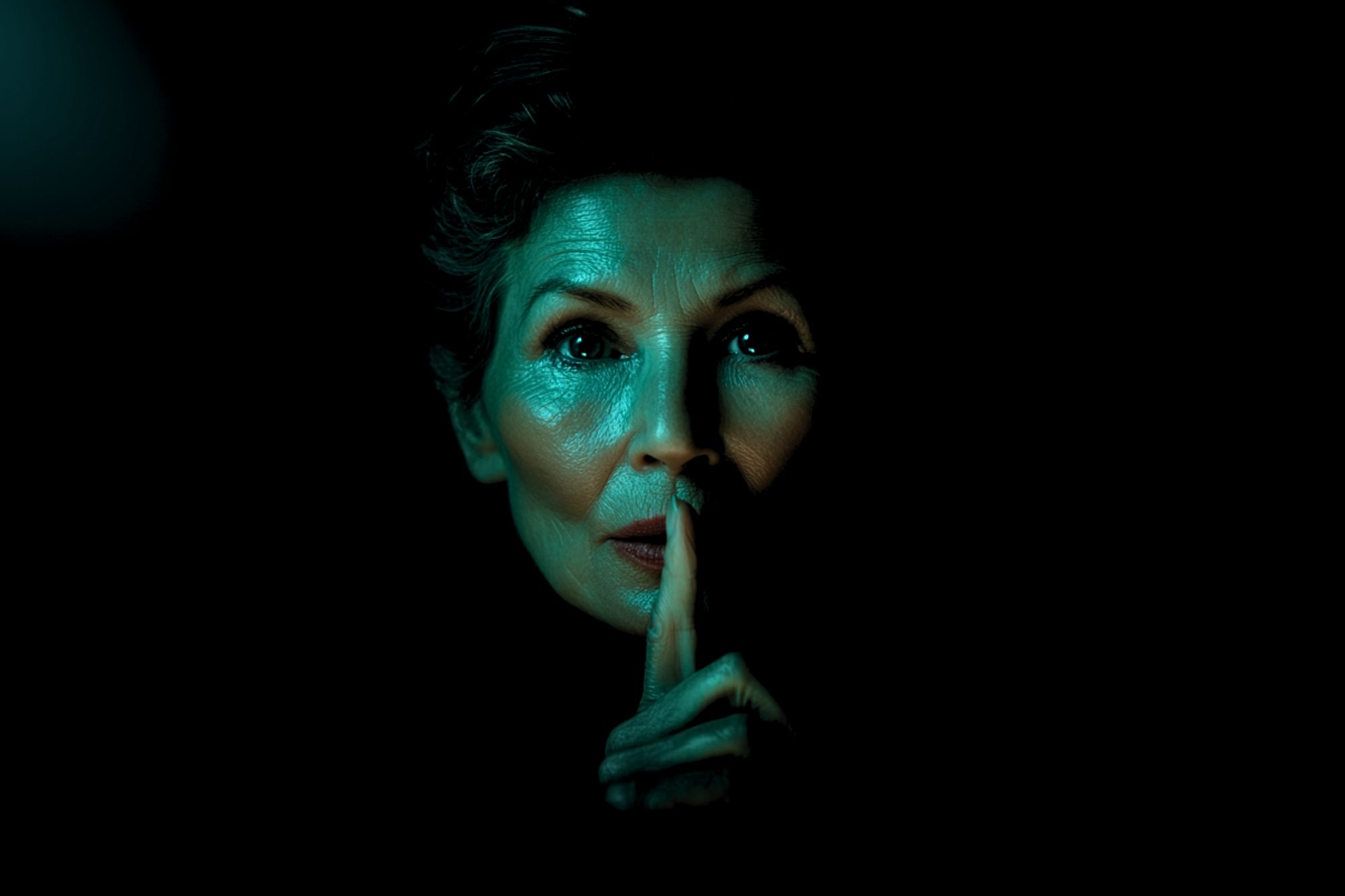 A woman with short hair holds a finger to her lips in a "shh" gesture, her face dramatically lit in blue-green light against a dark background, creating a mysterious atmosphere.
