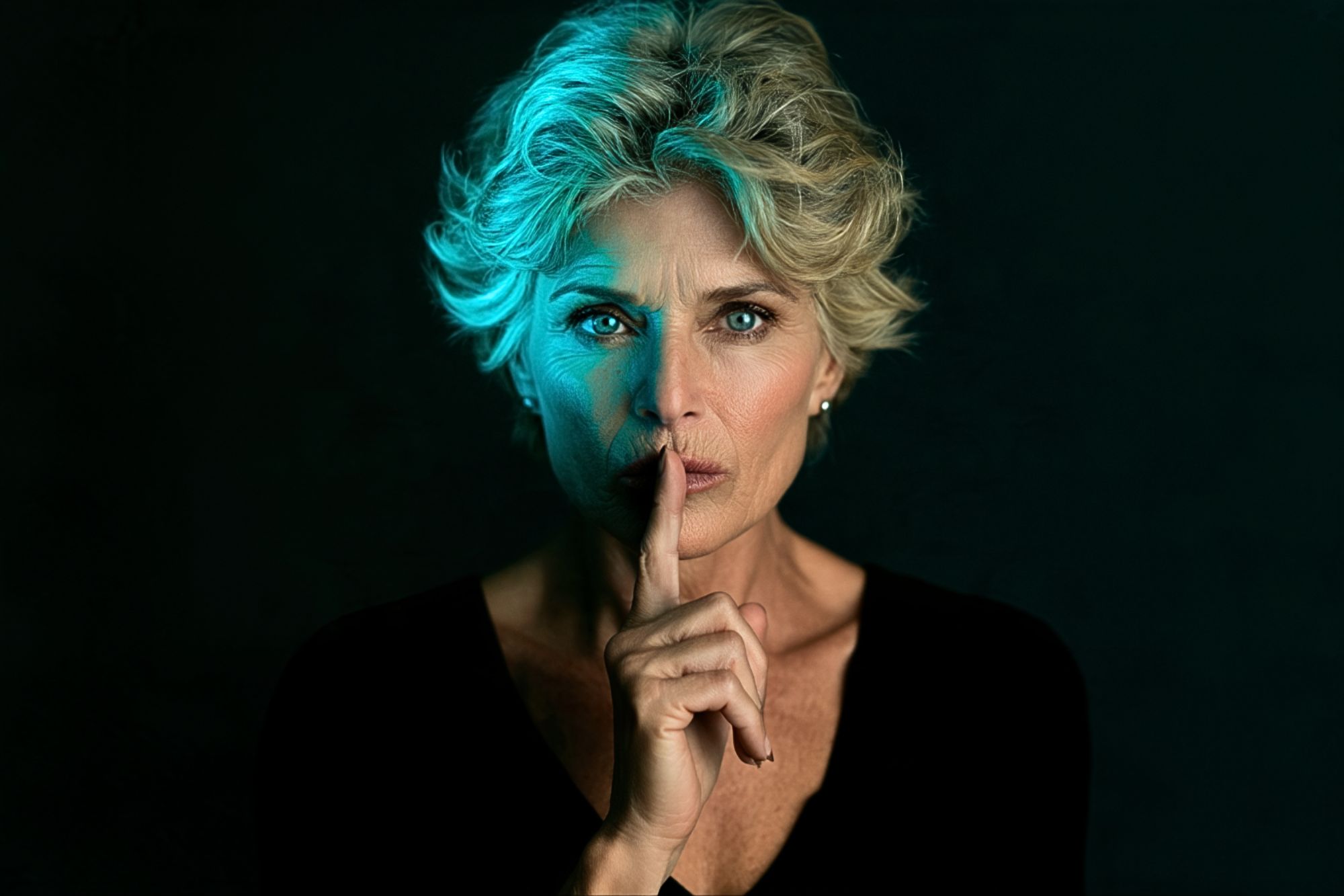 A woman with short, blonde hair holds a finger to her lips in a gesture for silence.