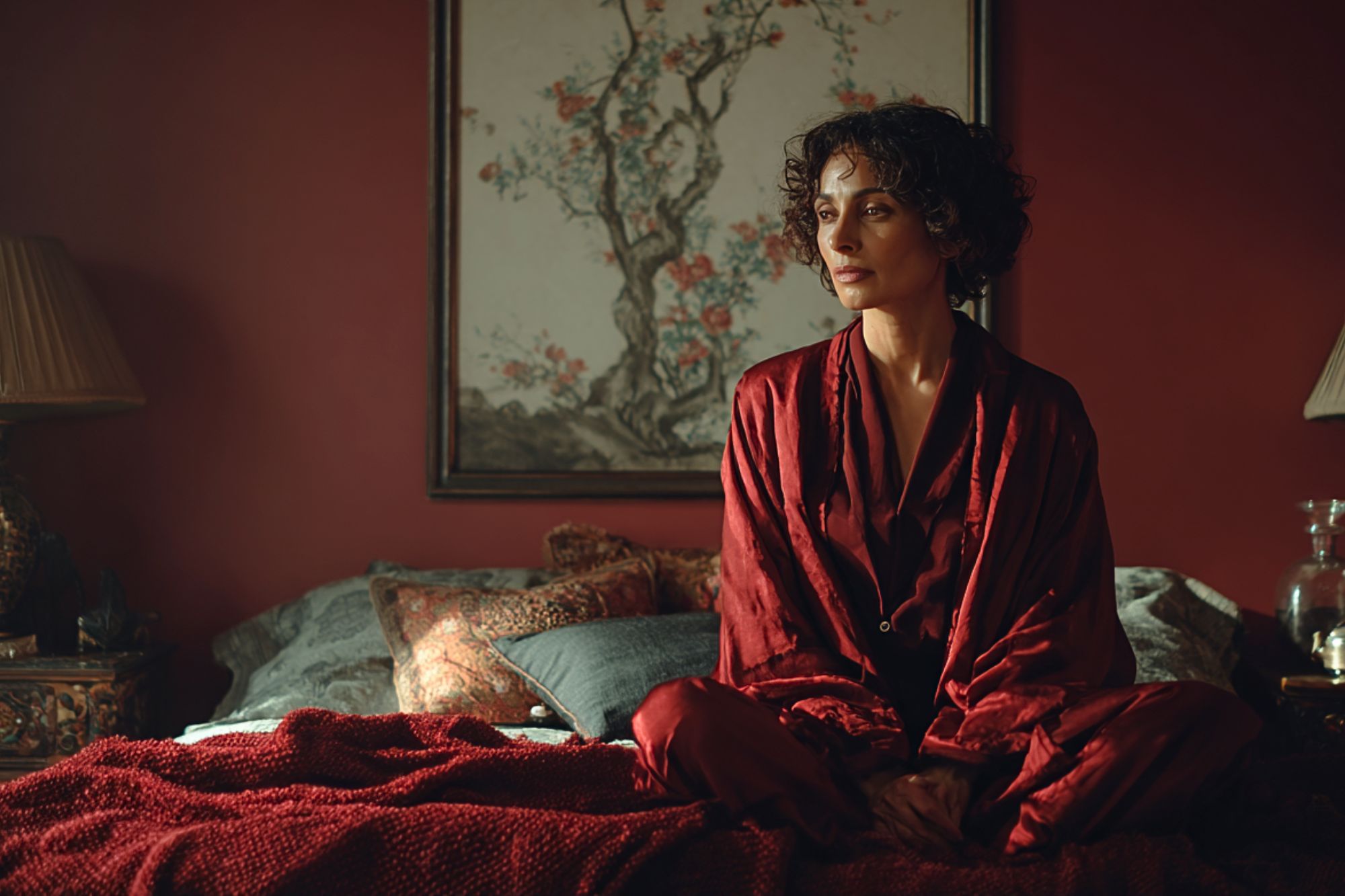 A woman with curly hair, wearing a deep red robe, sits cross-legged on a bed with red bedding in a warmly lit room. Behind her is a large painting of a tree with flowers on a red wall.