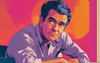 A digital illustration of a man with dark hair and a serious expression, wearing a light shirt, sits against a vibrant pink and orange background with a large orange circle behind him.