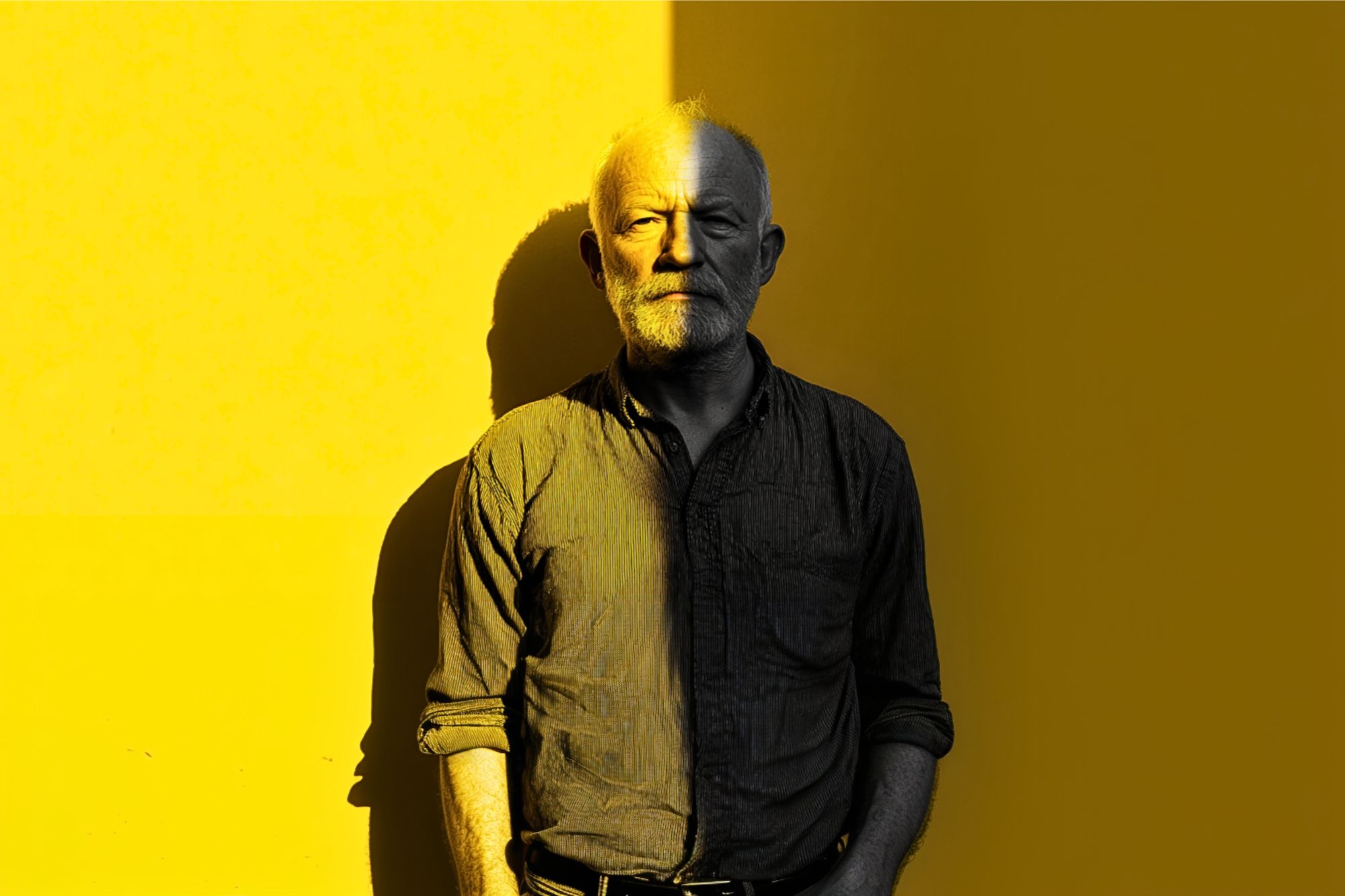 An older man with a beard stands against a bright yellow wall. Half of his face and body are in shadow, creating a stark contrast between light and dark. He has his hands in his pockets and looks directly at the camera.