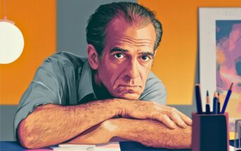 A middle-aged man with graying hair and a serious expression rests his arms on a table, surrounded by art supplies, against a colorful, modern background.