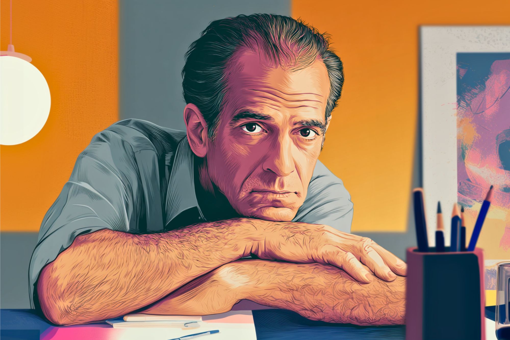 A middle-aged man with graying hair and a serious expression rests his arms on a table, surrounded by art supplies, against a colorful, modern background.