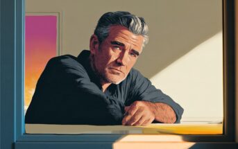A middle-aged man with gray hair leans on a windowsill, looking thoughtful. Warm sunlight casts shadows inside the room, and a colorful sunset is visible through another window in the background.