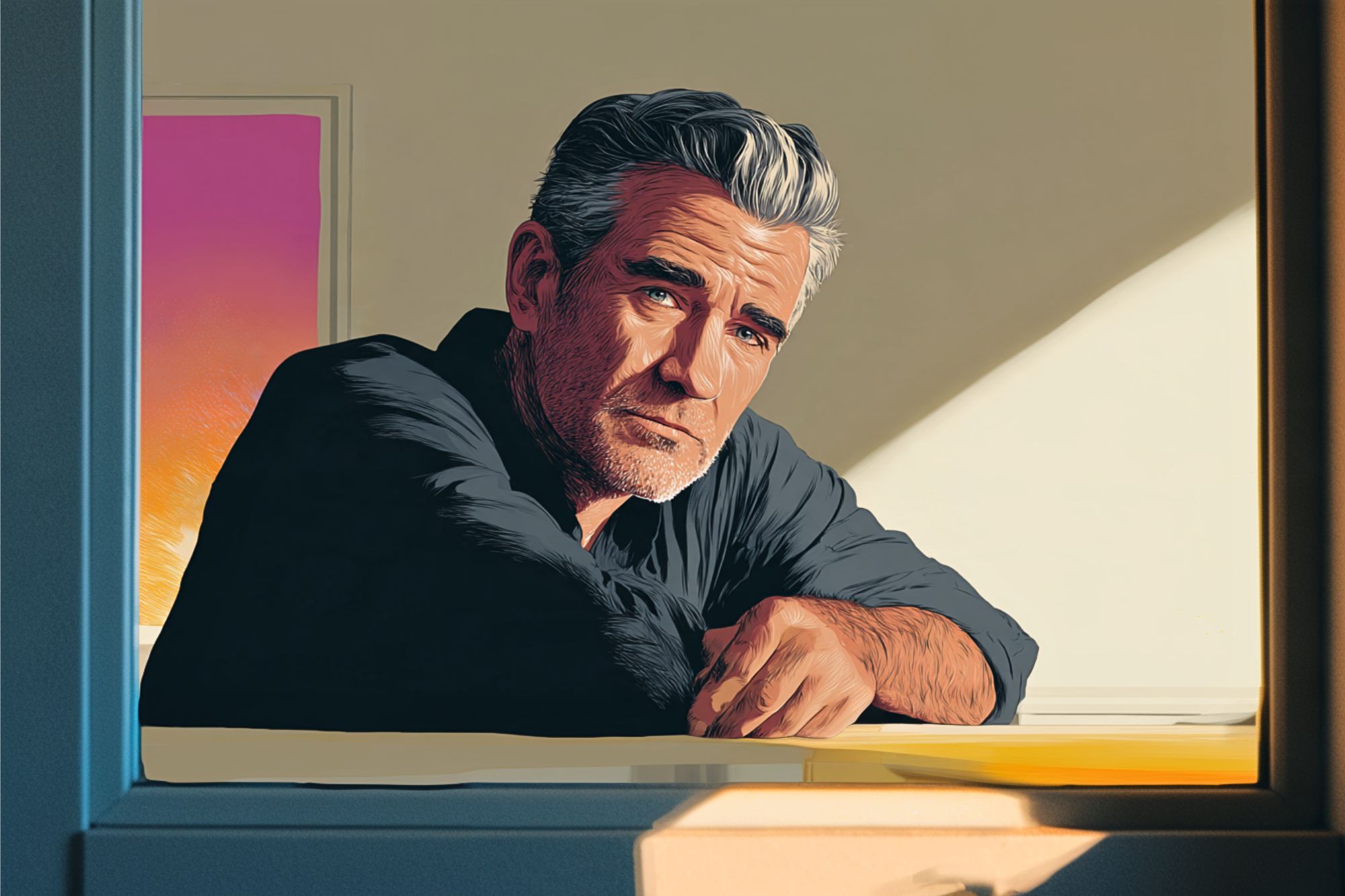 A middle-aged man with gray hair leans on a windowsill, looking thoughtful. Warm sunlight casts shadows inside the room, and a colorful sunset is visible through another window in the background.