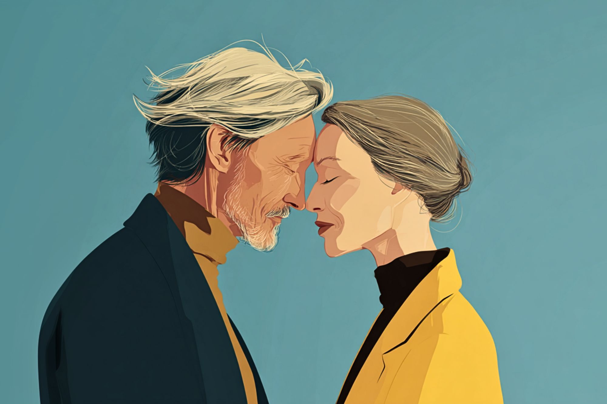 An illustration of an older man and woman standing close with their foreheads touching, eyes closed, both wearing turtlenecks and jackets, against a simple blue background.