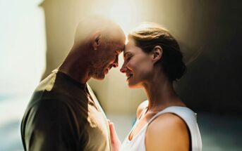 A couple stands close together outdoors, gently touching foreheads and smiling softly at each other in warm sunlight, surrounded by a soft, blurred background.