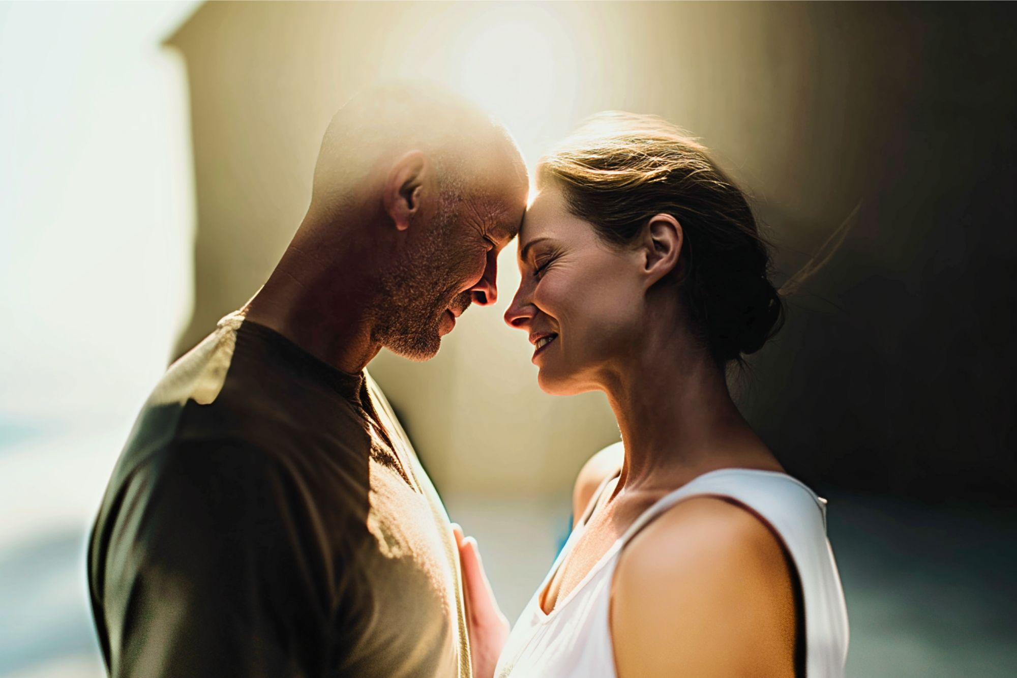 A couple stands close together outdoors, gently touching foreheads and smiling softly at each other in warm sunlight, surrounded by a soft, blurred background.