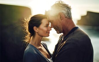 A couple stands close together outdoors at sunset, gently touching foreheads and smiling with eyes closed, with cliffs and water in the background.