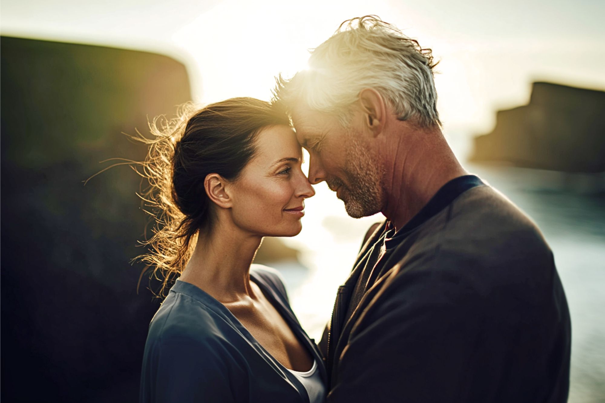 A couple stands close together outdoors at sunset, gently touching foreheads and smiling with eyes closed, with cliffs and water in the background.