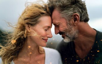 A middle-aged couple leaning toward each other with their foreheads touching and eyes closed.