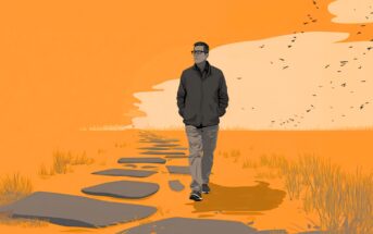 A man wearing glasses and a jacket walks alone on stone steps through a grassy field under an orange sky, with birds flying in the distance.