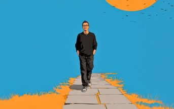 Illustration of a man with glasses walking on a stone path, hands in pockets, under a bright orange sun and blue sky, with birds flying in the distance and orange grass on either side of the path.
