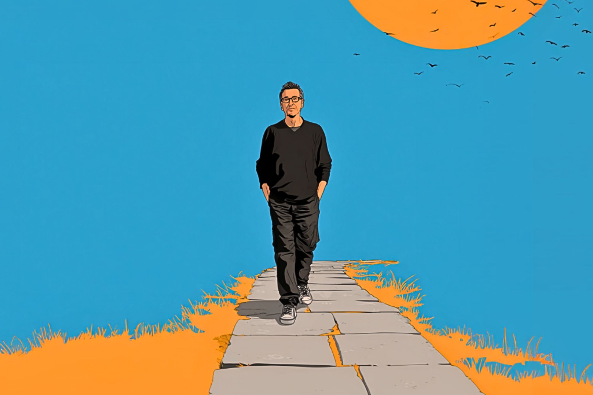 Illustration of a man with glasses walking on a stone path, hands in pockets, under a bright orange sun and blue sky, with birds flying in the distance and orange grass on either side of the path.